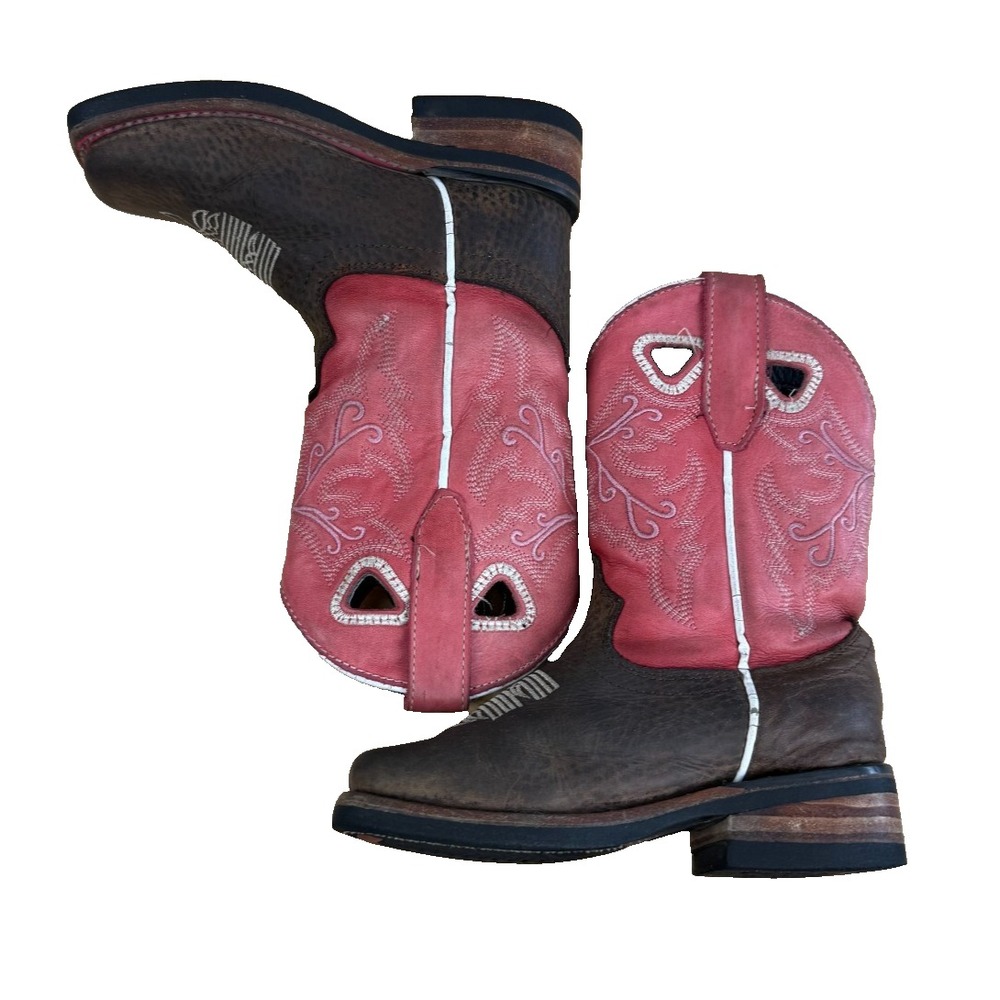 Kids Western Cowboy Boots Brown Pink Leather Square Toe Embroidered 6.5